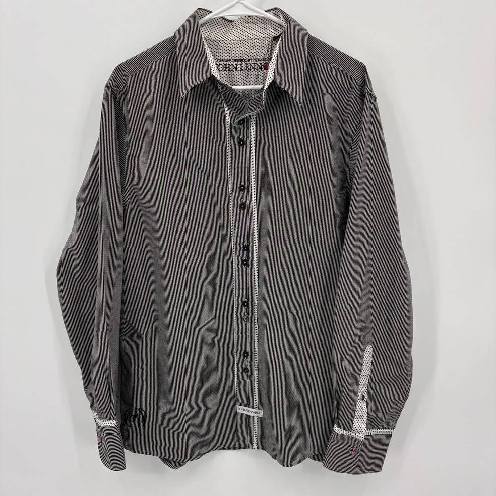 John Lennon Button Down Shirt Mens Large Black White Striped Polka Dot Excellent